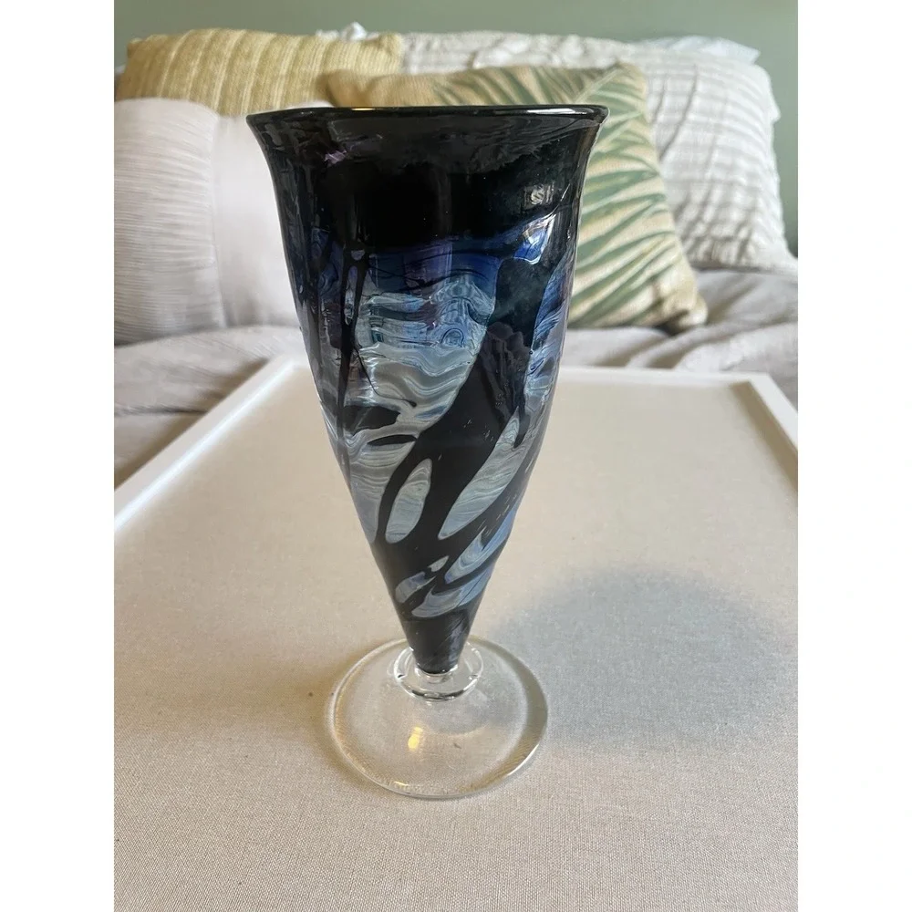 Kosta Boda Contrast Swirl Art Glass Vase Blue Anna‎ Ehner Sweden? 9